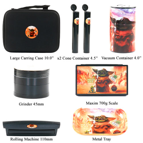 Travel Kit Case, Metal Tray, Grinder, Rolling Machine, Scale, Vacuum Container, 2x Cone Containers -Yoda