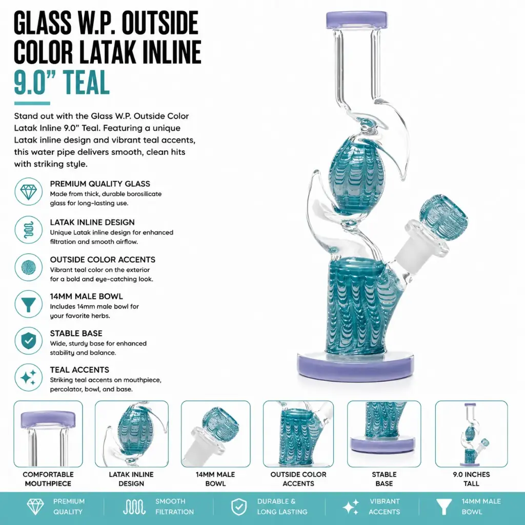 Unbranded Glass W.P. Outside Color Latak Inline 9.0" (19047)-Teal