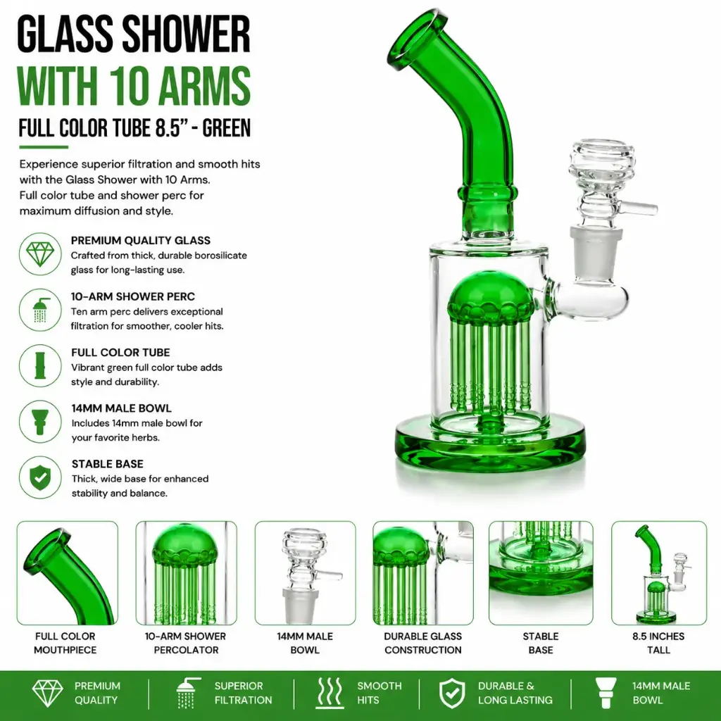 Unbranded Glass Shower with 10 Arms, Full Color Tube 8.5"- Green (7094)