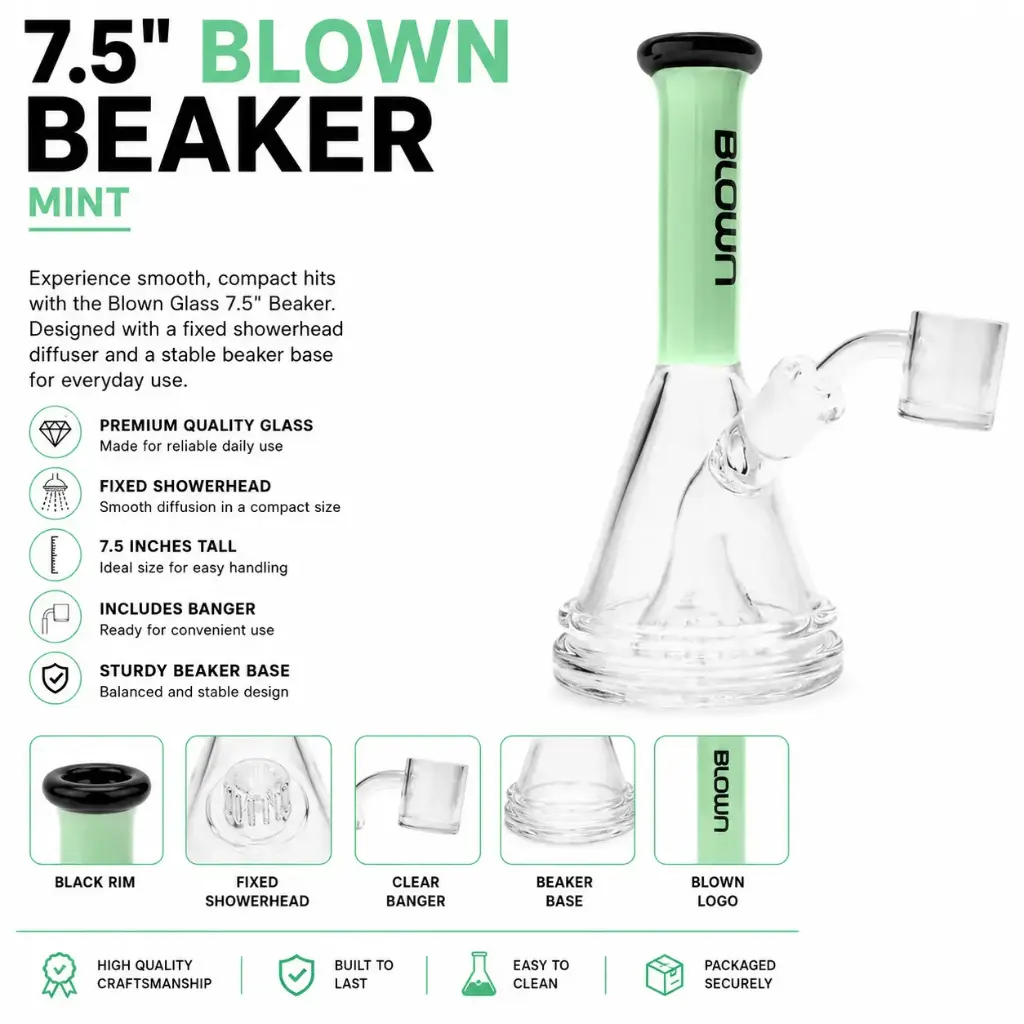 Blown Glass Beaker w/ Fixed shower head w/banger 7.5" - Mint