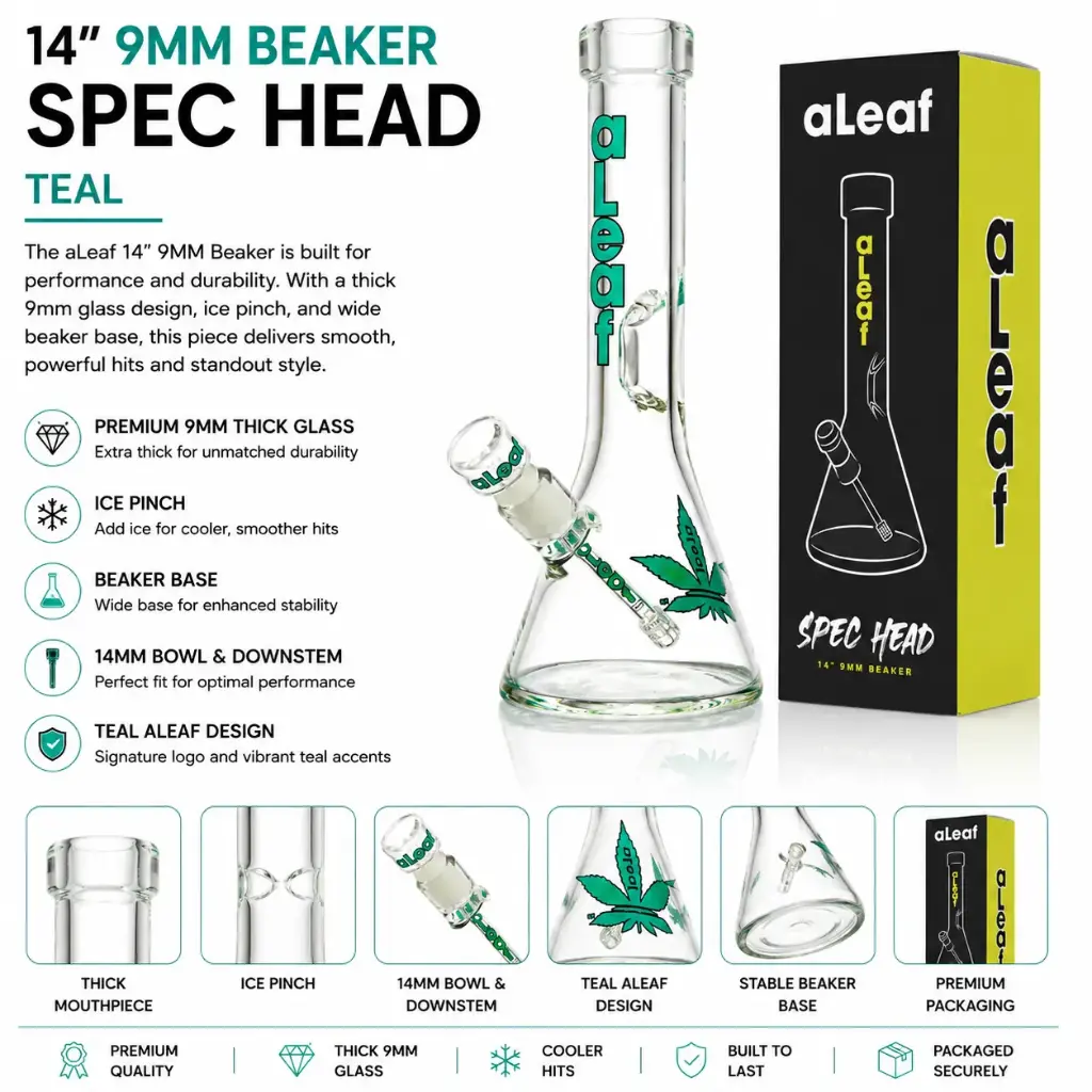 aLeaf Glass 14" 9MM BEAKER TEAL