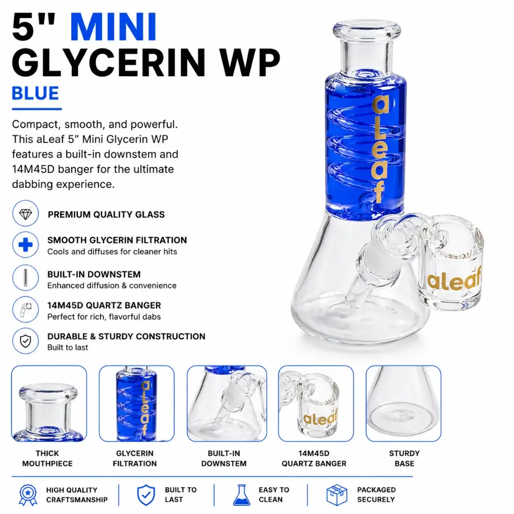 aLeaf Glass 5" MINI GLYCERIN WP W/ BUILT IN DOWNSTEM & 14M45D BANGER BLUE