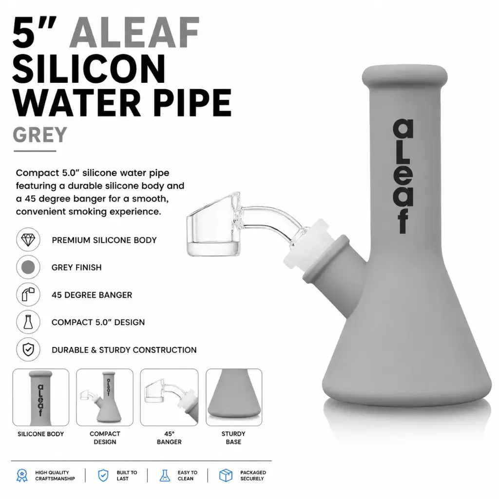 aLeaf Silicon Water Pipe w/ 45 Degree Banger 5.0" - Grey