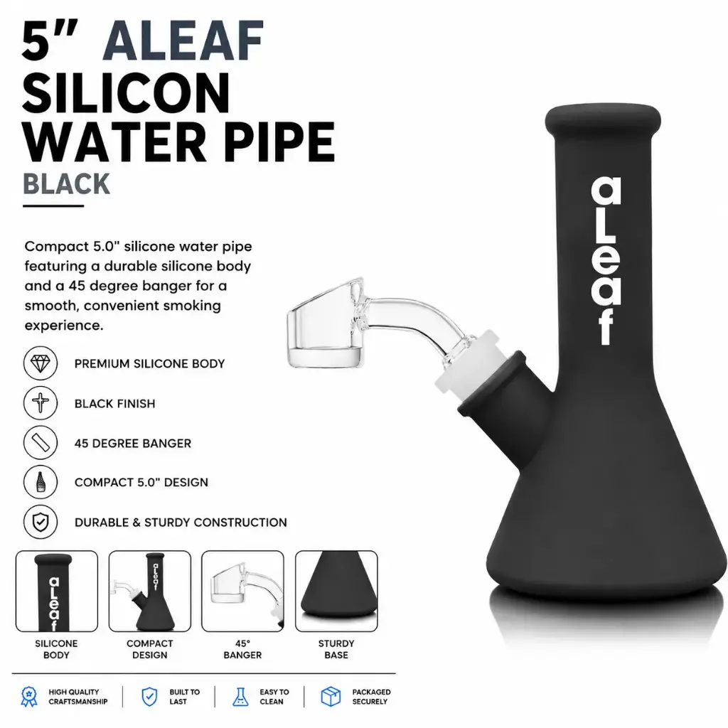 aLeaf Silicon Water Pipe w/ 45 Degree Banger 5.0" - Black