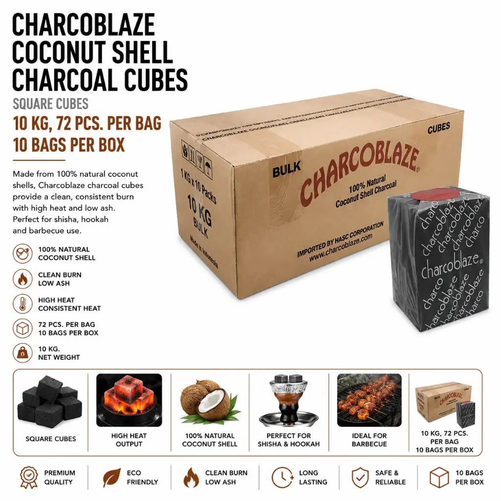 10 Kg Charcoblaze Coconut Shell Charcoal, Square Cubes, 72 pcs per bag, 10 bags per box