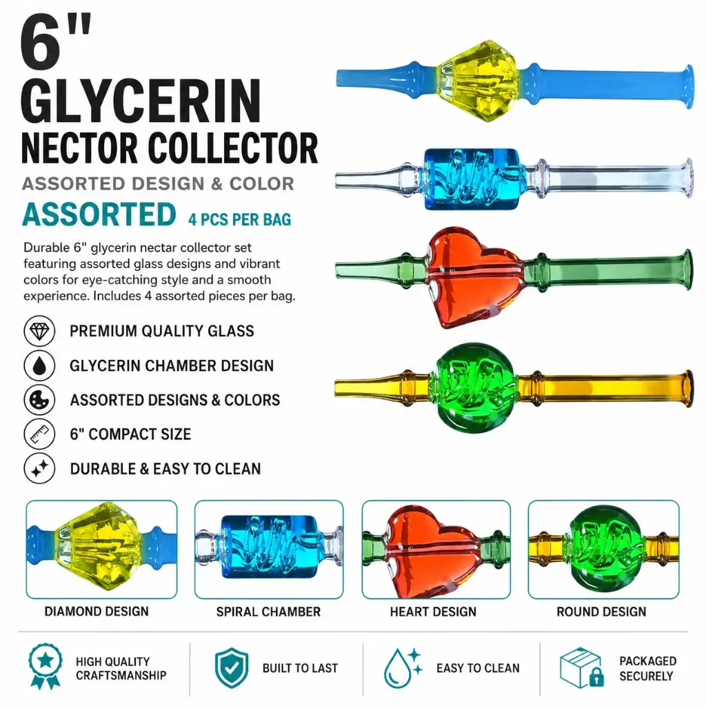 6” Glycerin assorted design & color Nector collector 4pcs per bag