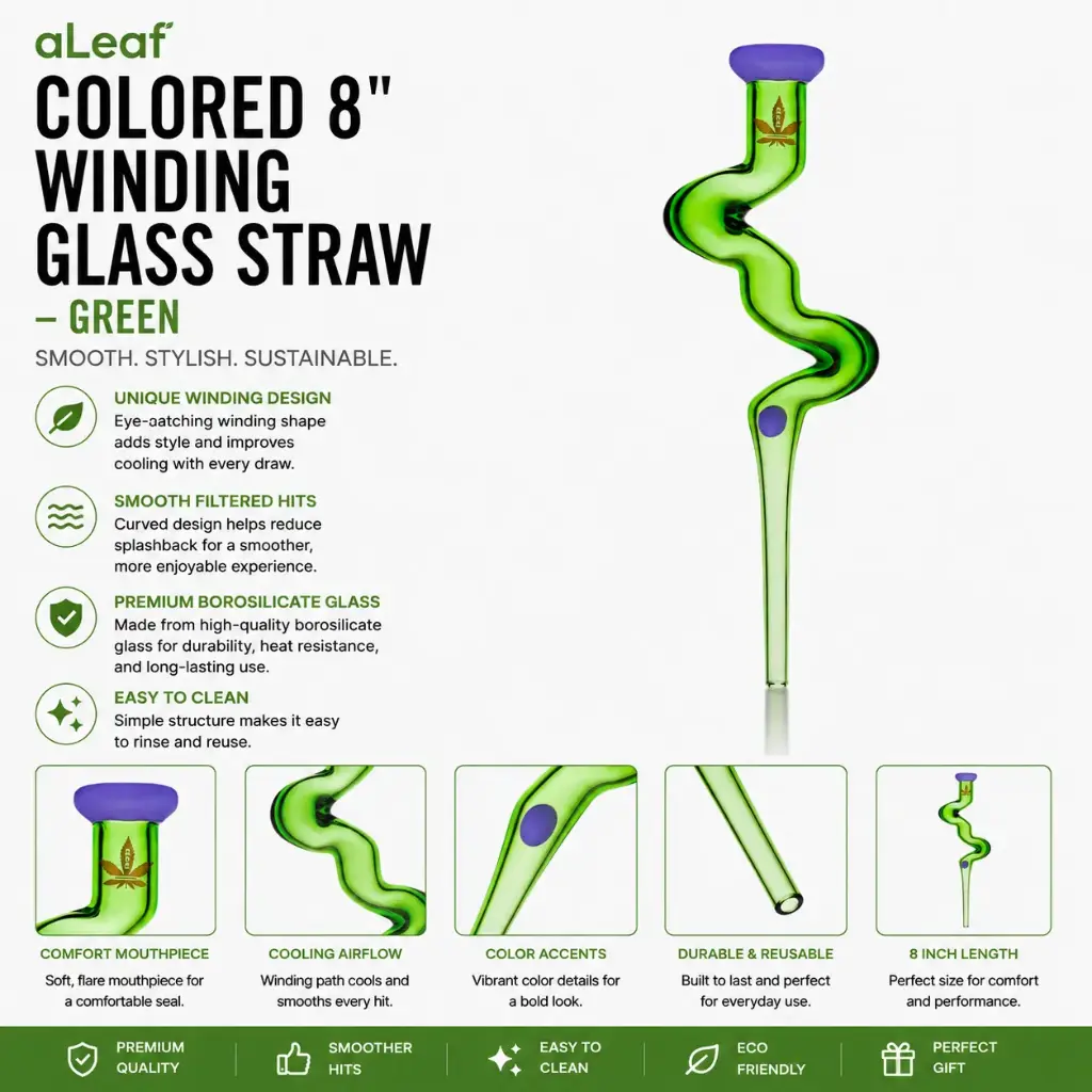 aLeaf COLORED 8" WINDING GLASS STRAW GREEN
