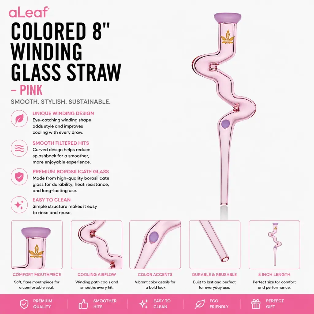 aLeaf COLORED 8" WINDING GLASS STRAW PINK