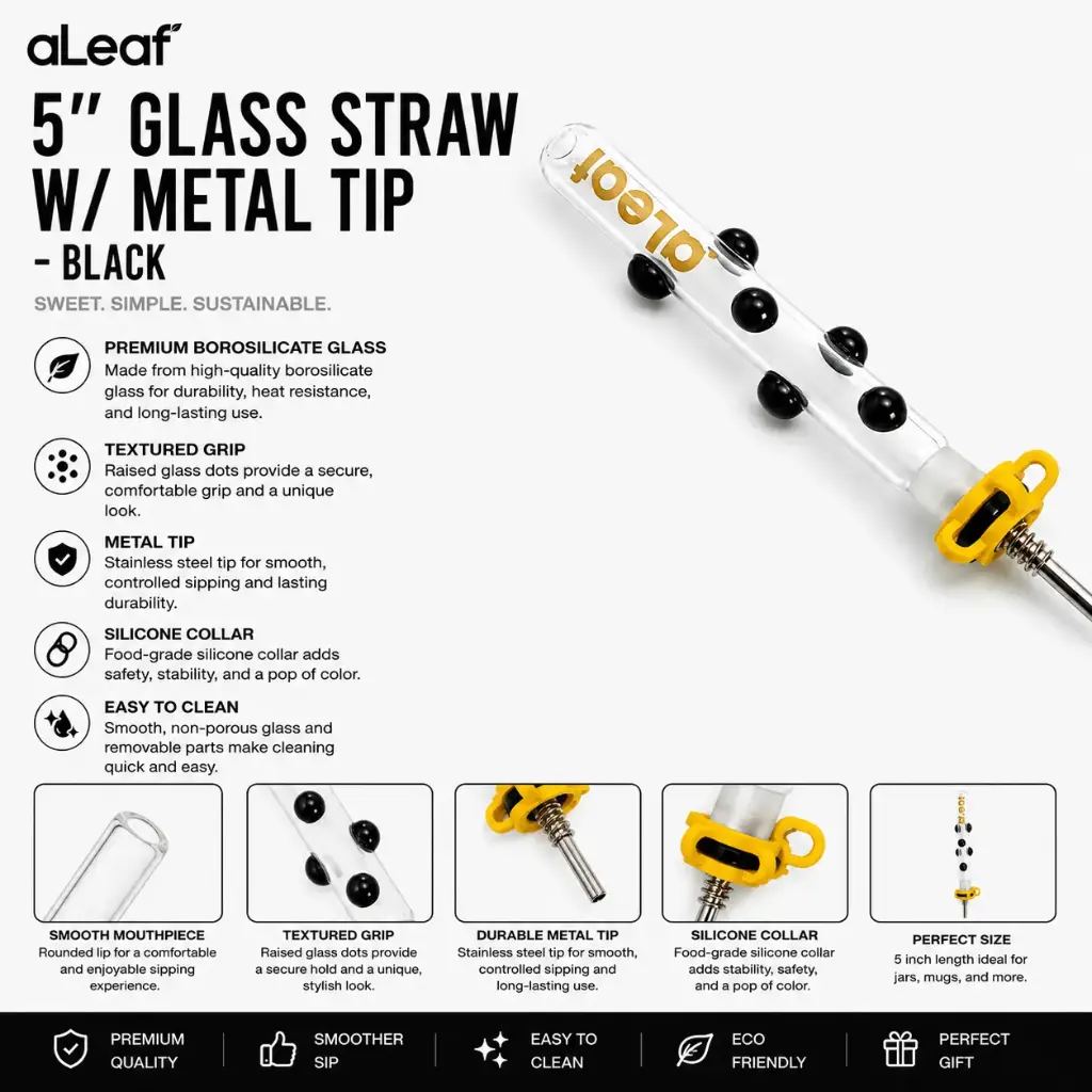 aLeaf 5" GLASS STRAW W/ METAL TIP BLACK