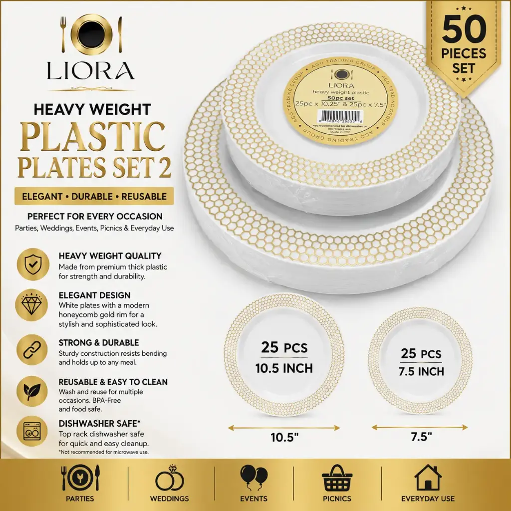 Liora Heavy Weight Plastic Plates Set 2 (25 pcs 10.5" & 25 pcs 7.5")