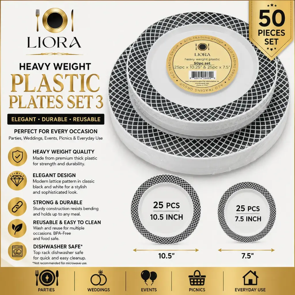 Liora Heavy Weight Plastic Plates Set 3 (25 pcs 10.5" & 25 pcs 7.5")