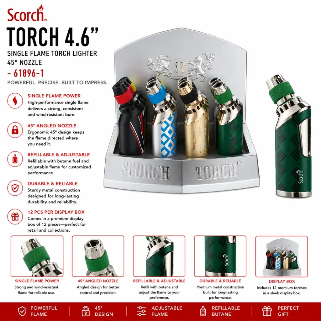 Scorch Torch 4.6" Tall Single Flame Torch Lighter 45° Nozzle 61896-1 - ( 12 per box)