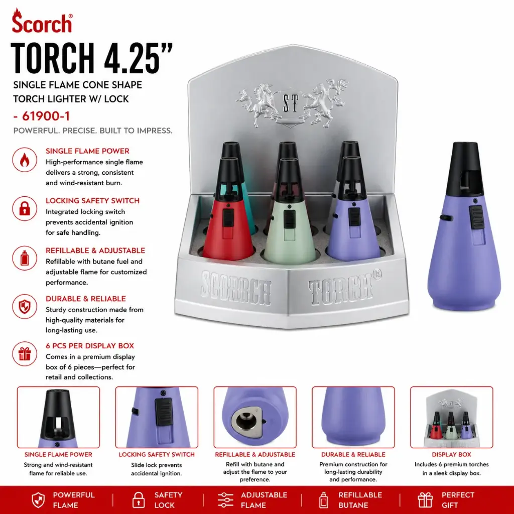 Scorch Torch 4.25" Single Flame Cone Shape Torch Lighter w/ Lock 61900-1 - ( 6 per box)