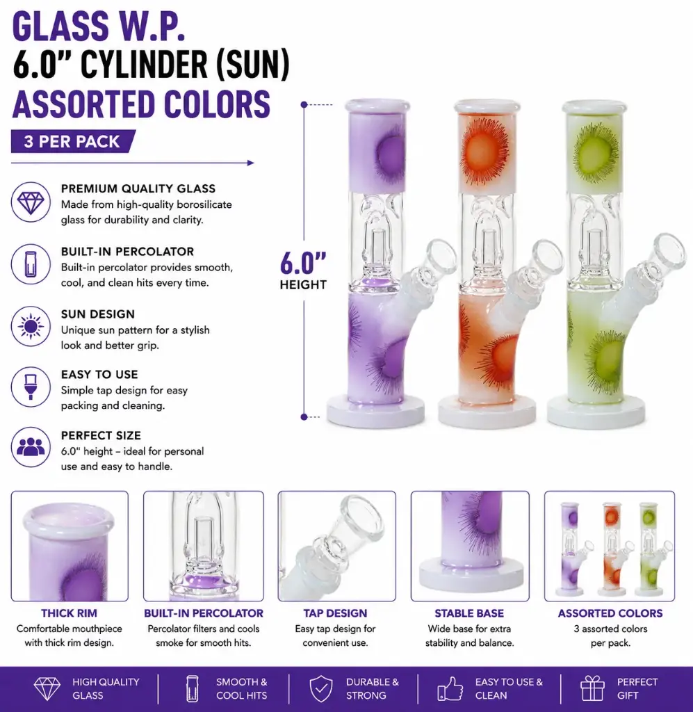Glass W.P. 6.0" Cylinder (Sun) - Assorted Colors (3 per pack)