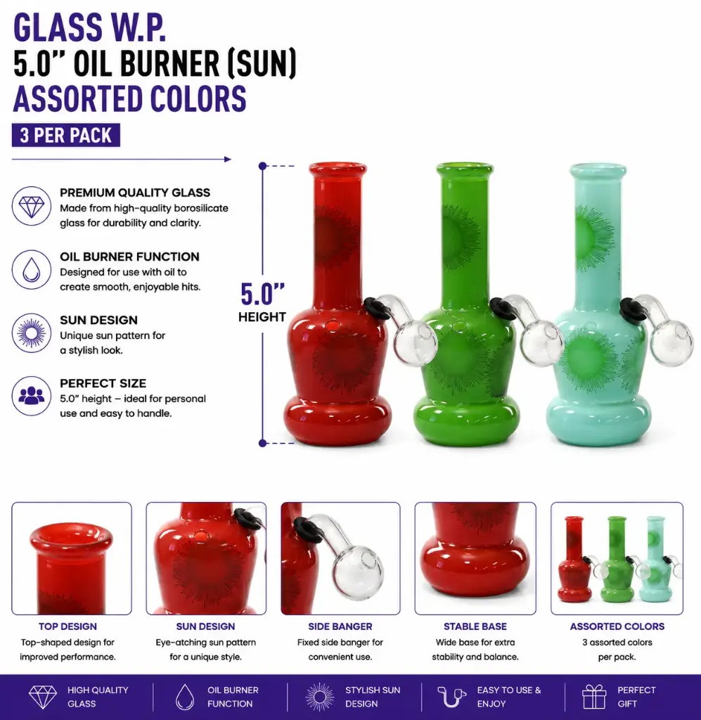 Glass W.P. 5.0" Oil Burner (Sun) - Assorted Colors (3 per pack)