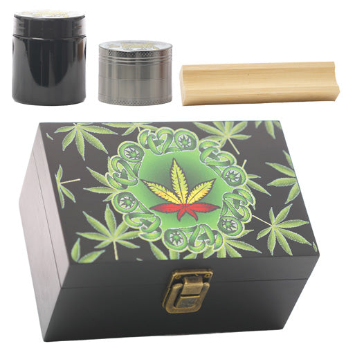 [AM033839] Unbranded Container & Jars Bamboo Medium Box with Grinder, Jar & Tray 420 Leaf
