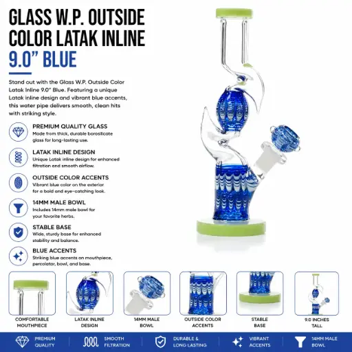 [AM037175] Unbranded Glass W.P. Outside Color Latak Inline 9.0" (19047)-Blue