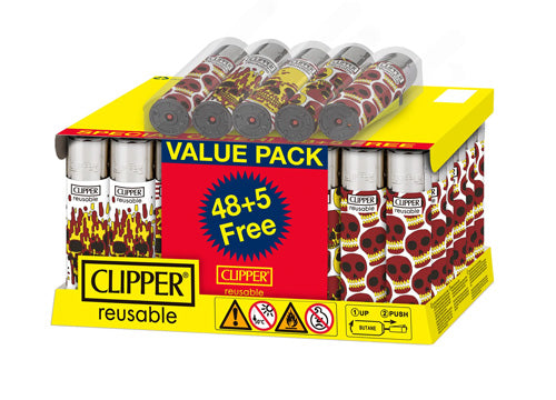 [M0523] CLIPPER Classic Lighter Skulls Fire 48ct + 5 Free