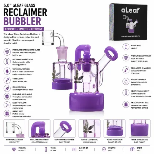 [PC31867] aLeaf Glass Reclaimer Bubbler (3369) 5.0" Purple