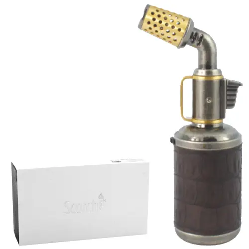 [AM024577] Scorch Torch Lighter Antique Blow Torch-Hold Button Satin With Gold Accents 6.0" (51676) Antique Silver