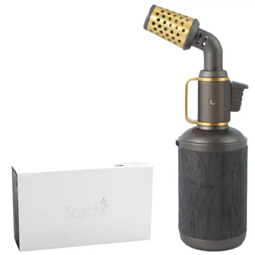 [AM024814] Scorch Torch Lighter Antique Blow Torch-Hold Button Satin With Gold Accents 6.0" (51676) Black
