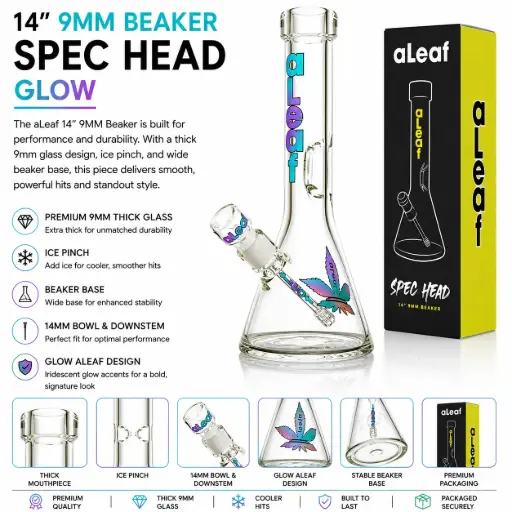 [PC37552] aLeaf Glass 14" 9MM BEAKER GLOW