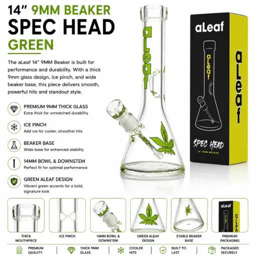 [PC37553] aLeaf Glass 14" 9MM BEAKER GREEN