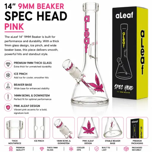 [PC37554] aLeaf Glass 14" 9MM BEAKER PINK