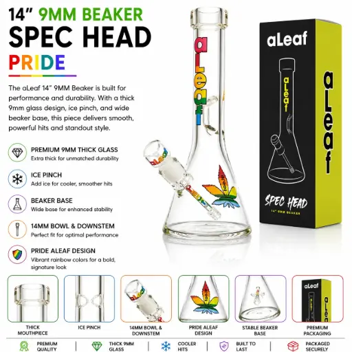 [PC37555] aLeaf Glass 14" 9MM BEAKER PRIDE