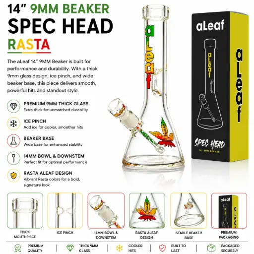 [PC37556] aLeaf Glass 14" 9MM BEAKER RASTA