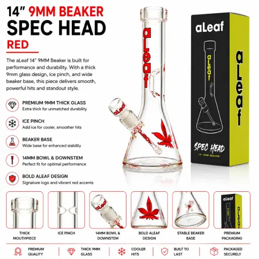 [PC37557] aLeaf Glass 14" 9MM BEAKER RED