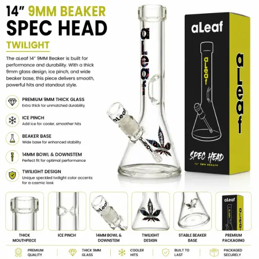 [PC37560] aLeaf Glass 14" 9MM BEAKER TWILIGHT