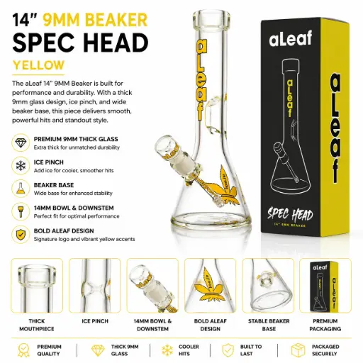 [PC37561] aLeaf Glass 14" 9MM BEAKER YELLOW