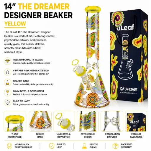 [PC37562] aLeaf Glass 14" THE DREAMER DESIGNER BEAKER YELLOW
