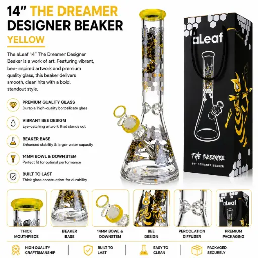 [PC37563] aLeaf Glass 14" THE DREAMER DESIGNER BEAKER YELLOW
