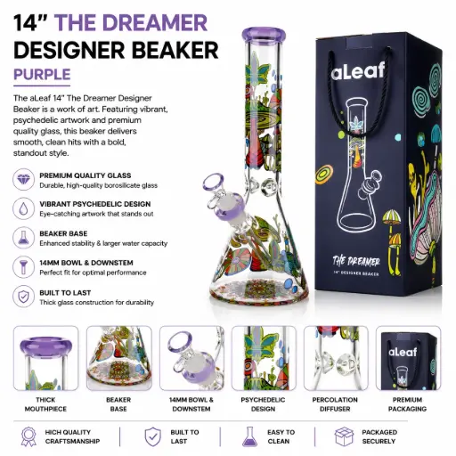 [PC37566] aLeaf Glass 14" THE DREAMER DESIGNER BEAKER PURPLE