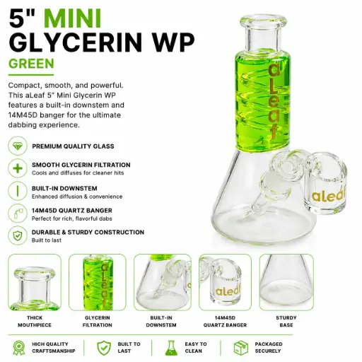 [PC37575] aLeaf Glass 5" MINI GLYCERIN WP W/ BUILT IN DOWNSTEM & 14M45D BANGER GREEN 