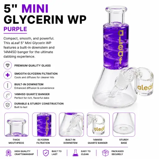 [PC37576] aLeaf Glass 5" MINI GLYCERIN WP W/ BUILT IN DOWNSTEM & 14M45D BANGER PURPLE 
