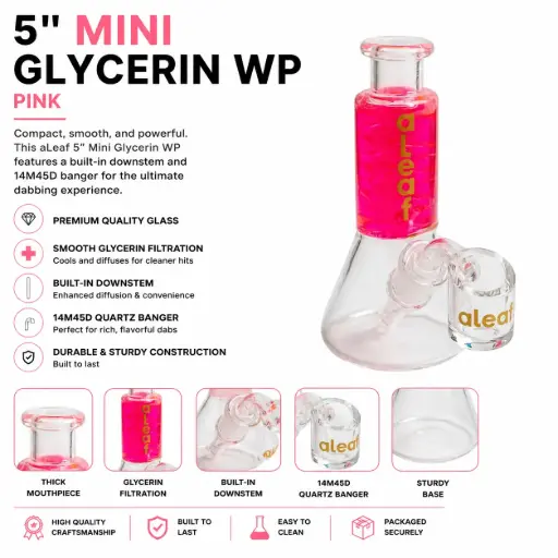 [PC37579] aLeaf Glass 5" MINI GLYCERIN WP W/ BUILT IN DOWNSTEM & 14M45D BANGER PINK
