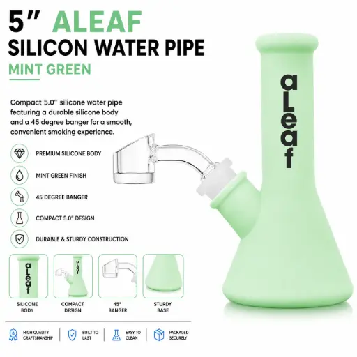 [PC37586] aLeaf Silicon Water Pipe w/ 45 Degree Banger 5.0" - Mint Green