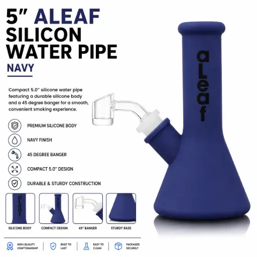 [PC37588] aLeaf Silicon Water Pipe w/ 45 Degree Banger 5.0" - Navy