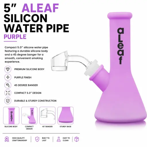 [PC37589] aLeaf Silicon Water Pipe w/ 45 Degree Banger 5.0" - Purple