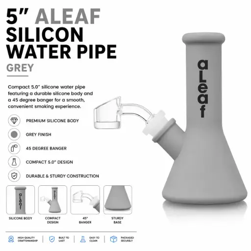 [PC37590] aLeaf Silicon Water Pipe w/ 45 Degree Banger 5.0" - Grey