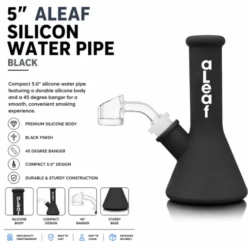[PC37591] aLeaf Silicon Water Pipe w/ 45 Degree Banger 5.0" - Black