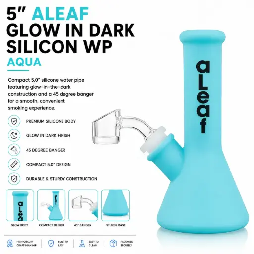[PC37593] aLeaf AL GLOW in Dark Silicon Water Pipe w/ 45 Degree Banger 5.0" - Aqua