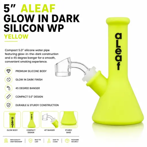 [PC37594] aLeaf AL GLOW in Dark Silicon Water Pipe w/ 45 Degree Banger 5.0" - Yellow