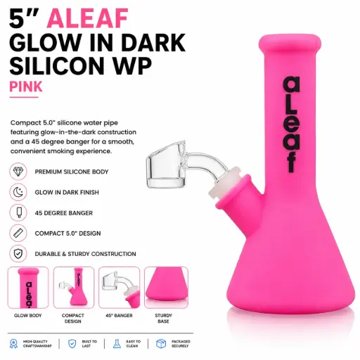 [PC37595] aLeaf AL GLOW in Dark Silicon Water Pipe w/ 45 Degree Banger 5.0" - Pink