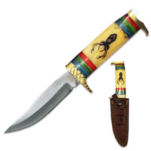 [AM050362] 10.5" Bone Collector Deer Design Bovine & Brass Hunting Knife with Leather Sheath
