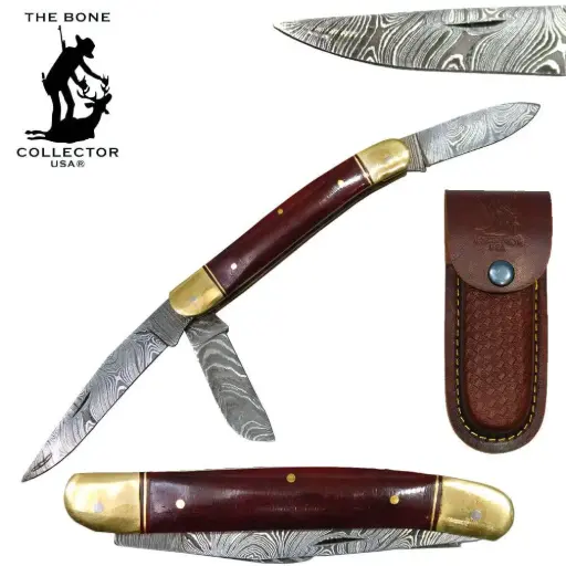 [AM050372] 5" Bone Collector 3-Blade Damascus Brass Bolster Folding Knife with Leather Sheath