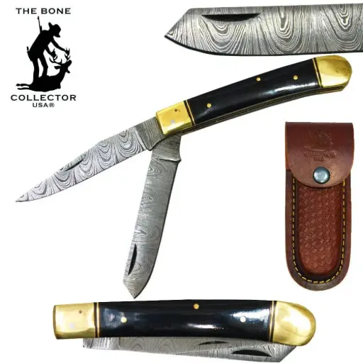 [AM050373] 5" Bone Collector 2-Blade Damascus Brass Bolster Folding Knife with Leather Sheath
